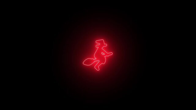 Animated Red Neon Flying Witch on Broomstick Icon Spooky Halloween Glow Symbol Dark Black Background Loop