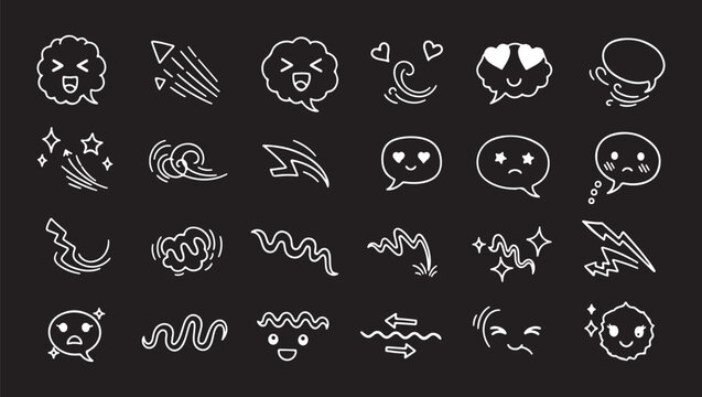 A collection of sketchy, hand-drawn white comic expressions, speech bubbles, smiley faces, and motion effect elements set against a solid black background.