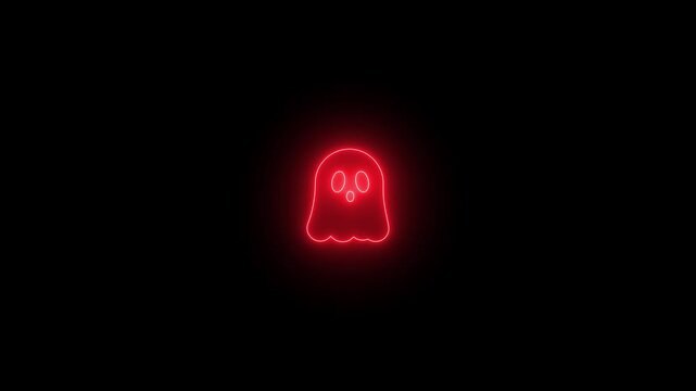 Animated Red Neon Ghost Icon Spooky Halloween Cute Phantom Glow Symbol Dark Black Background Loop