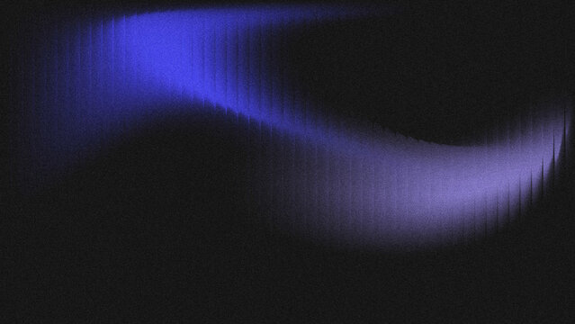 Textured grainy noise abstract background, flowing curved indigo and pale purple luminous streaks with subtle vertical groove distortion over deep black base