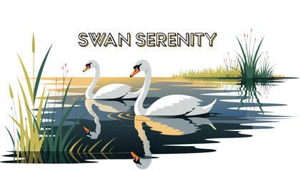 Very beautiful realistic vector illustration of TWO SWANS ON A REFLECTIVE LAKE featuring a bold wildlife label reading "SWAN SERENITY", two elegant white swans swimming gracefully across a calm lake  © williamnoah