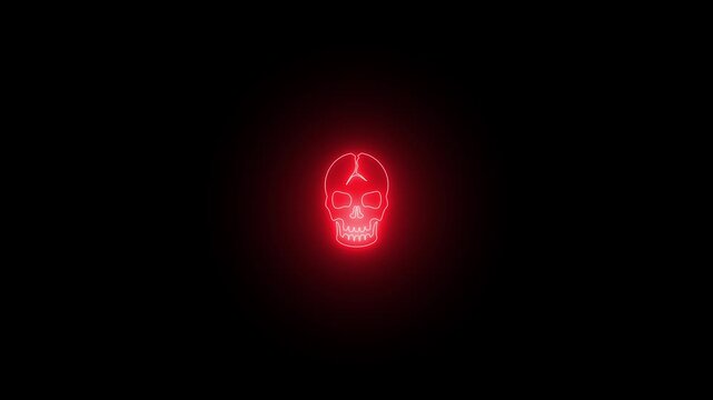 Animated Red Neon Human Skull Icon Cracked Head Spooky Halloween Glow Symbol Dark Black Background Loop