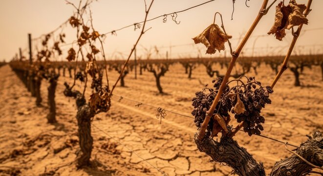 Dried grapevines in a vineyard during autumn. Harvest season scene with withered vines and dry soil, showcasing agricultural landscape and seasonal...