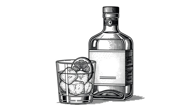 Detailed vintage style engraving of a liquor bottle alongside a glass of whiskey with ice and a lemon slice, perfect for a bar menu.