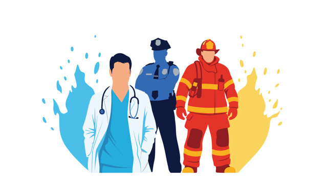 Powerful silhouettes of essential workers: a doctor, a police officer, and a firefighter, standing against a backdrop of colorful flames.
