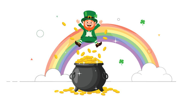 Whimsical cartoon illustration of a happy leprechaun jumping on a pot of gold at the end of a rainbow, symbolizing luck and wealth.