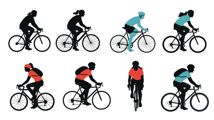 Obraz premium Collection of diverse male and female cyclist silhouettes with subtle color accents, depicted in various cycling positions on a white background.