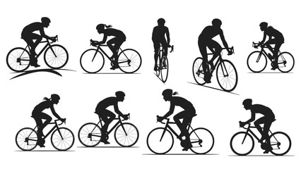 Obraz premium Collection of male and female cyclist silhouettes in various cycling positions, depicting road biking and competitive racing on white background.