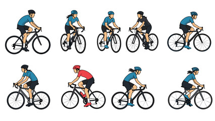 Obraz premium Collection of diverse male and female cyclists rendered in a vibrant flat color style, depicting various riding positions and bicycle types.