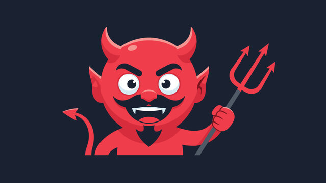 Adorable and mischievous cartoon devil character with horns, a goatee, and a trident, wearing a sinister smile on a dark background.