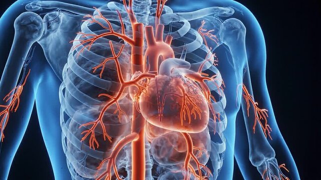 Anatomical Illustration of Human Heart and Circulatory System A detailed 3D rendering showcases the human heart and the intricate network of arteries and veins