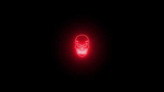 Animated Red Neon Scary Skull Icon Spooky Halloween Evil Face Glow Symbol Dark Black Background Loop