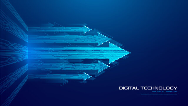 Fast moving digital arrows. Futuristic blue glowing arrows formed by printed circuit board lines symbolize digital progress, data transfer, network connection, business growth, technology innovation.