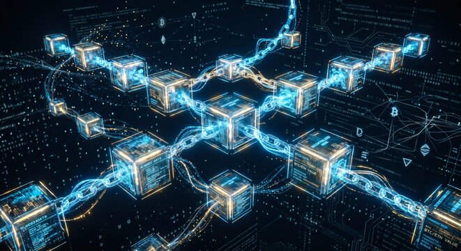 Abstract glowing blockchain network with digital blocks and chains
