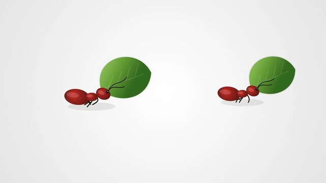 Animated ants working together, carrying leaves, teamwork concept, green leaves, red ants