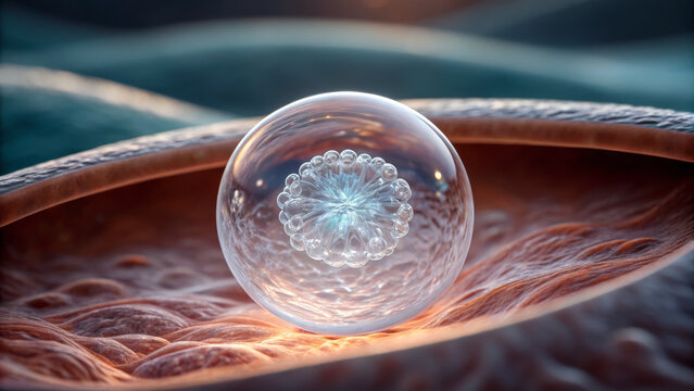 Ovarian Cyst concept , Crystal bubble ova conceptual transparent close up detailed abstract biological cell with transparent