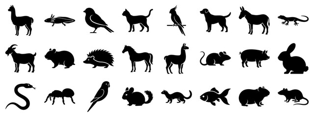 Fototapeta premium Collection of pet and wild animals solid glyph icons. Vector illustration.