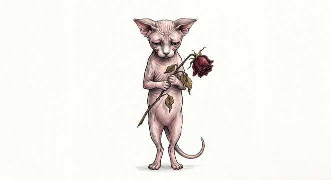 Sad hairless sphynx cat holding a wilted rose flower on white background