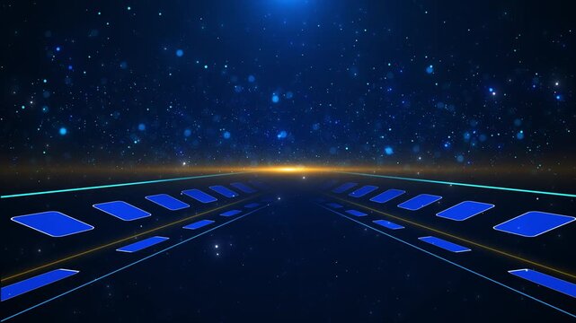 Blue futuristic runway platform background glowing lane markers, star particles, distant flare, dark space atmosphere. technology showcases, product reveals, sci fi scenes, virtual stages, intros.