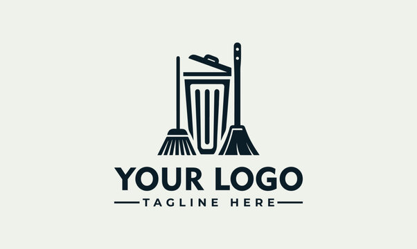 Professional janitorial services logo design with garbage bin and broom icons for sanitation company identity
