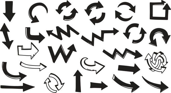 A collection of hand-drawn black chalk arrows, curved pointers, zigzag lines, and reload icons on a white background.