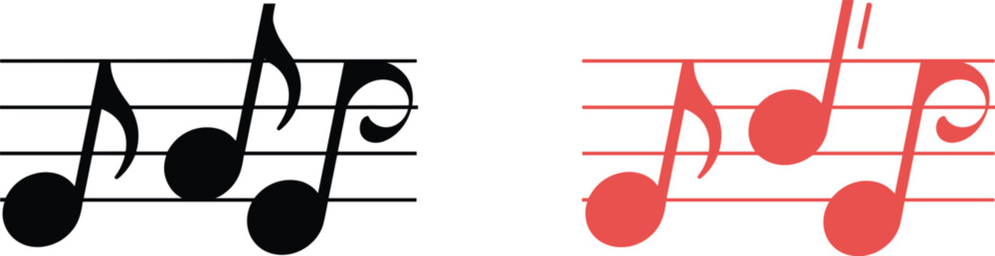 Black and red musical notes vector icon set featuring flat eighth note symbols on staff lines for audio design