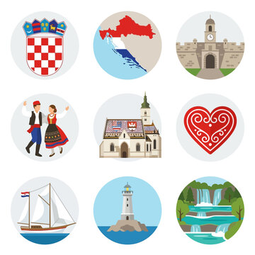 Vector collection of circular icons featuring Croatian symbols: national coat of arms, map, historic city gate, folk dancers, St. Mark's Church, licitar heart, sailboat, and nature.