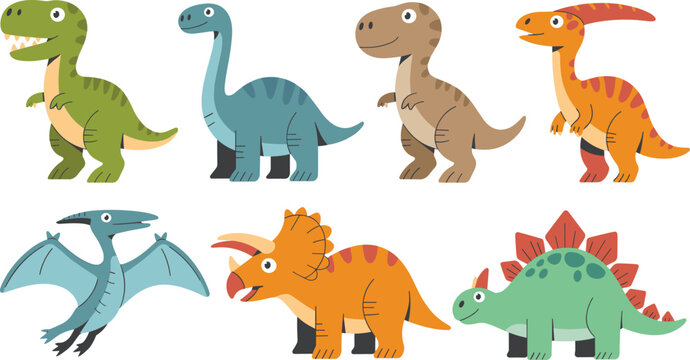 Cute cartoon dinosaur character vector illustration set featuring colorful prehistoric animals like tyrannosaurus rex triceratops stegosaurus and pterodactyl