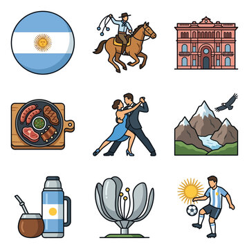 Vector icons of Argentina culture including flag, gaucho, Casa Rosada, asado meat, tango dancers, Andes mountains, yerba mate, Floralis Gen?rica, and a soccer player in national kit.