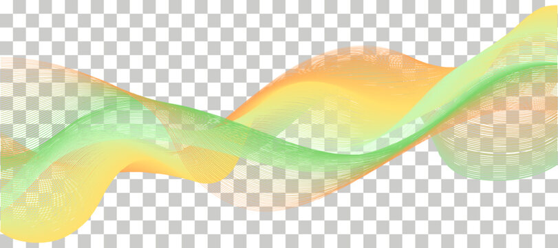 Abstract airy wavy swirl, dynamic twisted line, transparent curtain. Decorative element for design, yellow, green and orange smooth color flowing. Light twirl  undulate wave. Vector illustration