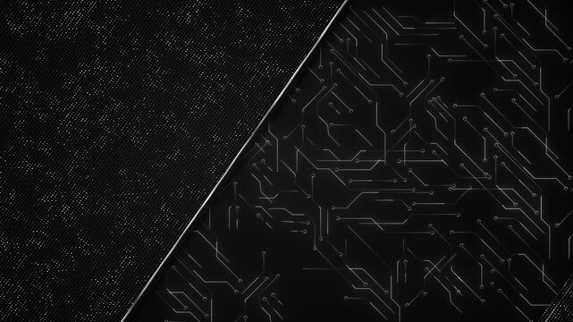 Black circuit pattern technology diagonal split design, dotted texture, thin silver traces, dark modern contrast. cyber videos, hardware promos, tech titles, AI explainers, and digital overlay loops.