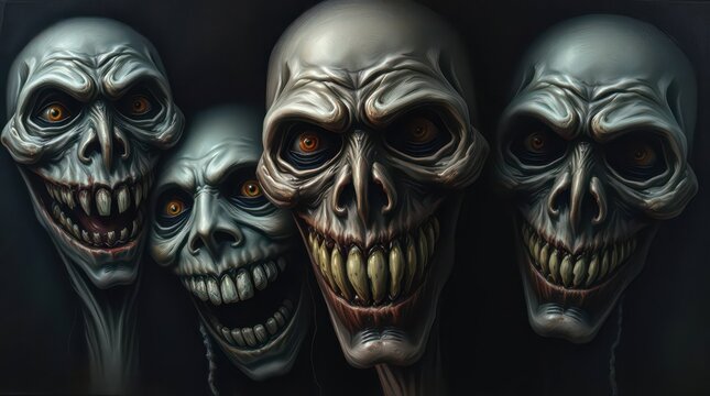 Creepy skulls with wide smiles in oil painting style. Eerie dark art with unsettling faces.