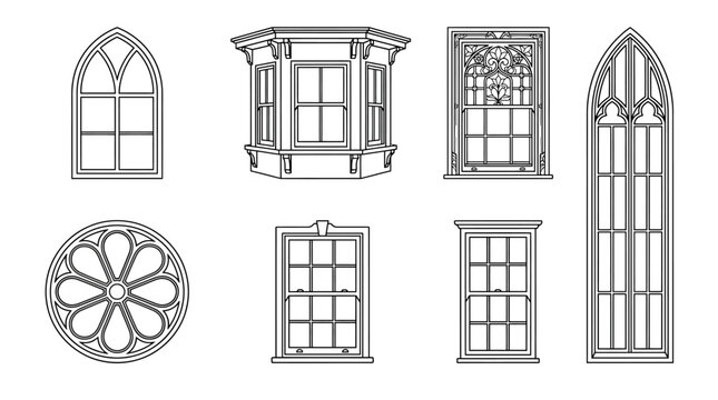 Set of various vintage architectural window designs in hand drawn line art style.