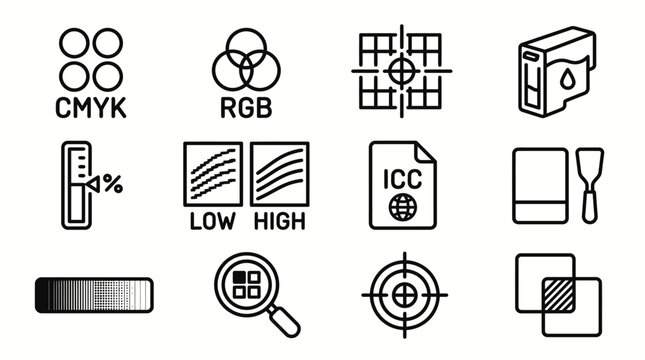 Set of vector line icons for professional printing and color management.