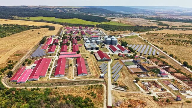 A pig farm is shown with many large buildings arranged in rows. The farm is located in a rural area with fields and hills in the background. Many pens and storage areas are visible.