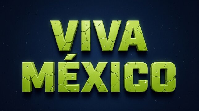 Viva M&eacute;xico texto 3D verde con textura agrietada sobre fondo azul oscuro, dise&ntilde;o gr&aacute;fico para celebraciones patrias, Cinco de Mayo, independencia mexicana y orgullo nacional