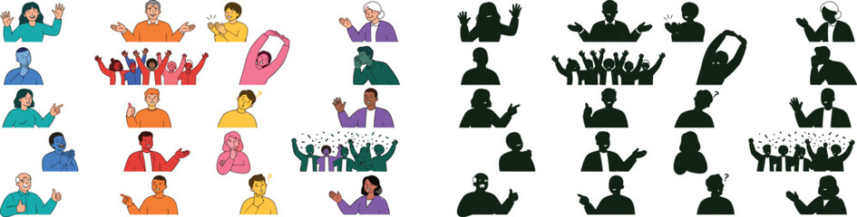 Cartoon gesture illustration set with colorful characters and matching silhouette versions showing expressive human body language © Joyanti
