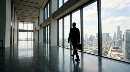 Fototapeta premium A silhouette of a businessman in a modern office with large windows overlooking a city skyline.