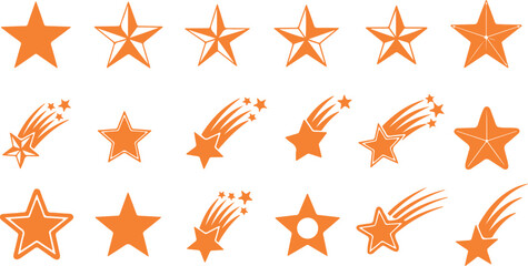 A collection of vibrant orange vector stars, nautical stars, shooting stars, and comets with motion trails on white. © Moahmmad