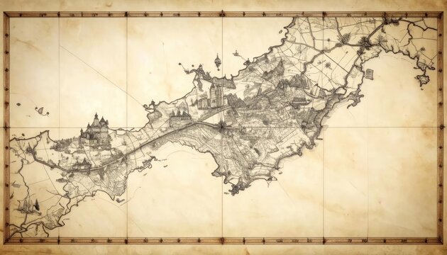 Wide panoramic vintage map of a coastal mountain range.