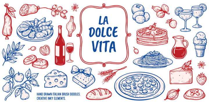 Italian doodle elements, pizza, spaghetti, cheese, bread, wine, olives, tomatoes, garlic, desserts, cocktails, la dolce vita, cultural food art, flat vector illustration