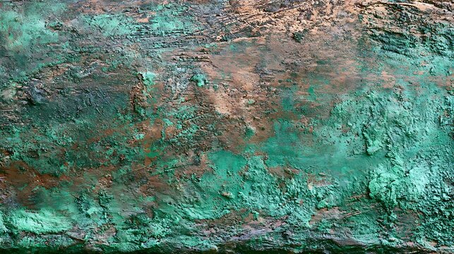 Abstract textured surface with oxidized copper patina and weathered metal aesthetic.