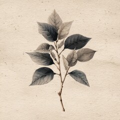 Obraz premium Vintage botanical illustration of a leafy branch on textured paper.