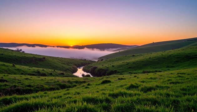 Wide view of sunrise over misty green valley hills