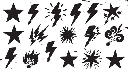 A striking collection of black lightning bolts, stars, comic bursts, and fire elements on a textured white background. © Mend