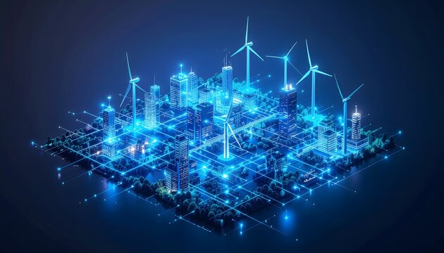 Futuristic smart city digital grid with renewable wind energy turbines and glowing urban architecture in a holographic style