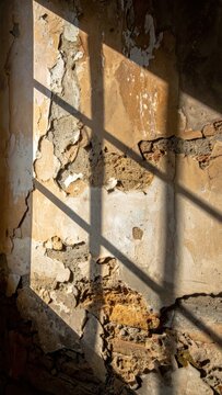 Window shadow on weathered decaying wall.