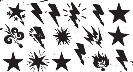 A striking collection of black lightning bolts, stars, comic bursts, and fire elements on a textured white background. © Mend
