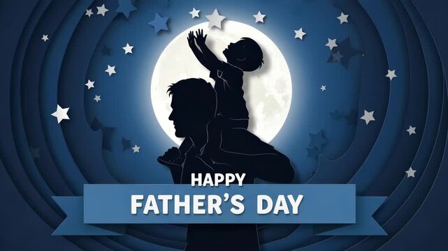 Silhouette of a father carrying his child reaching for stars before a glowing full moon with a happy father's day banner, whimsical night family celebration of love and bonding