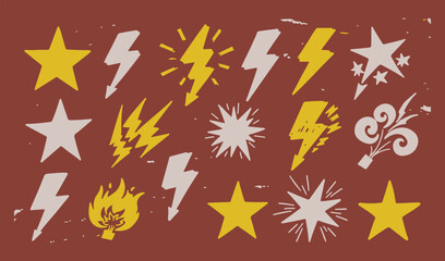 A striking collection of yellow and white lightning bolts, stars, comic bursts, and fire elements on a dark red-brown textured background. © Mend